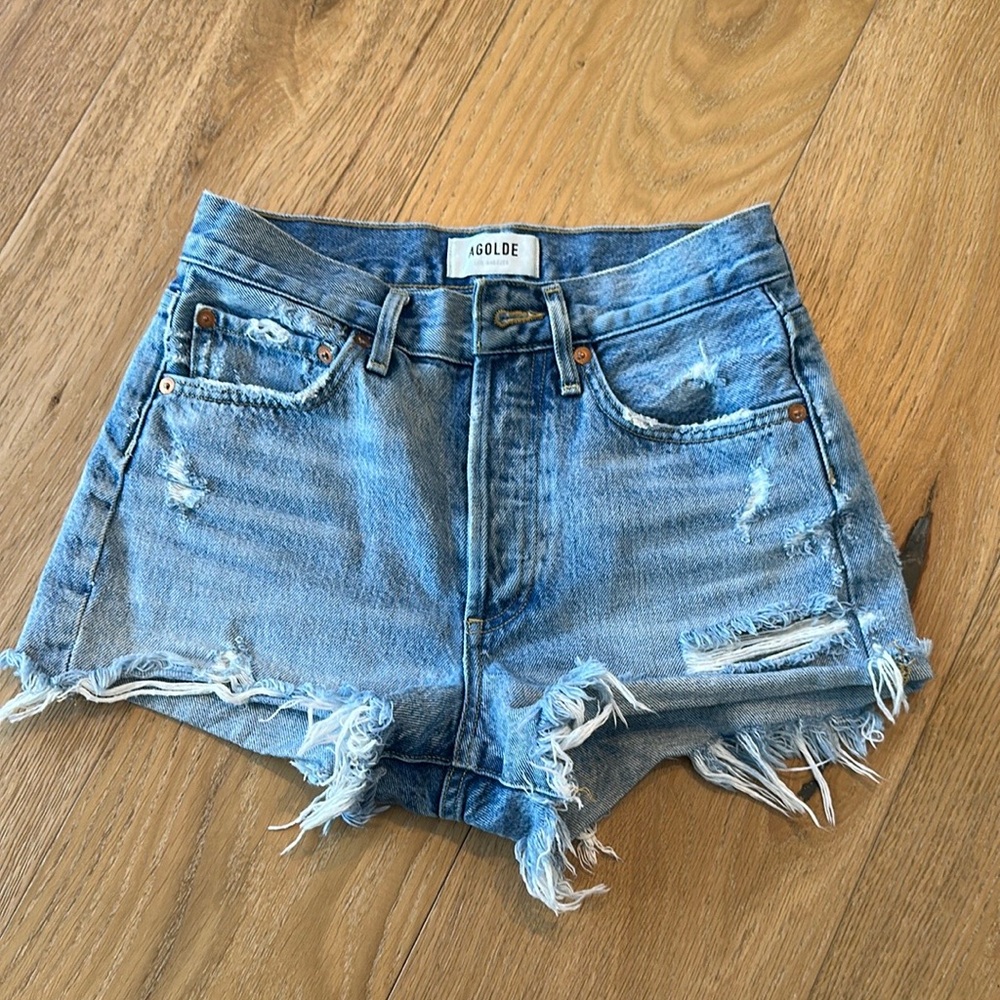Agolde Light Blue Distressed Jean Shorts